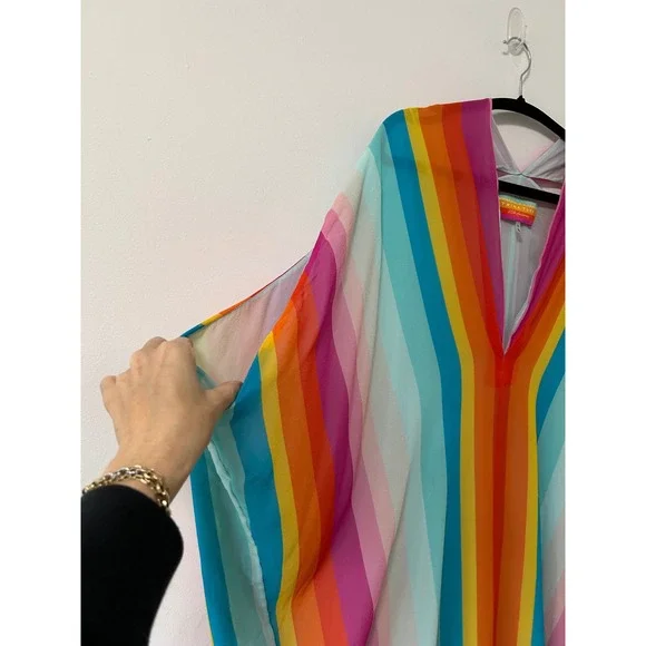 Trina Turk 25th Anniversary Rainbow Stripe Silk Lined Kaftan Tunic Dress Large - Picture 2 of 9